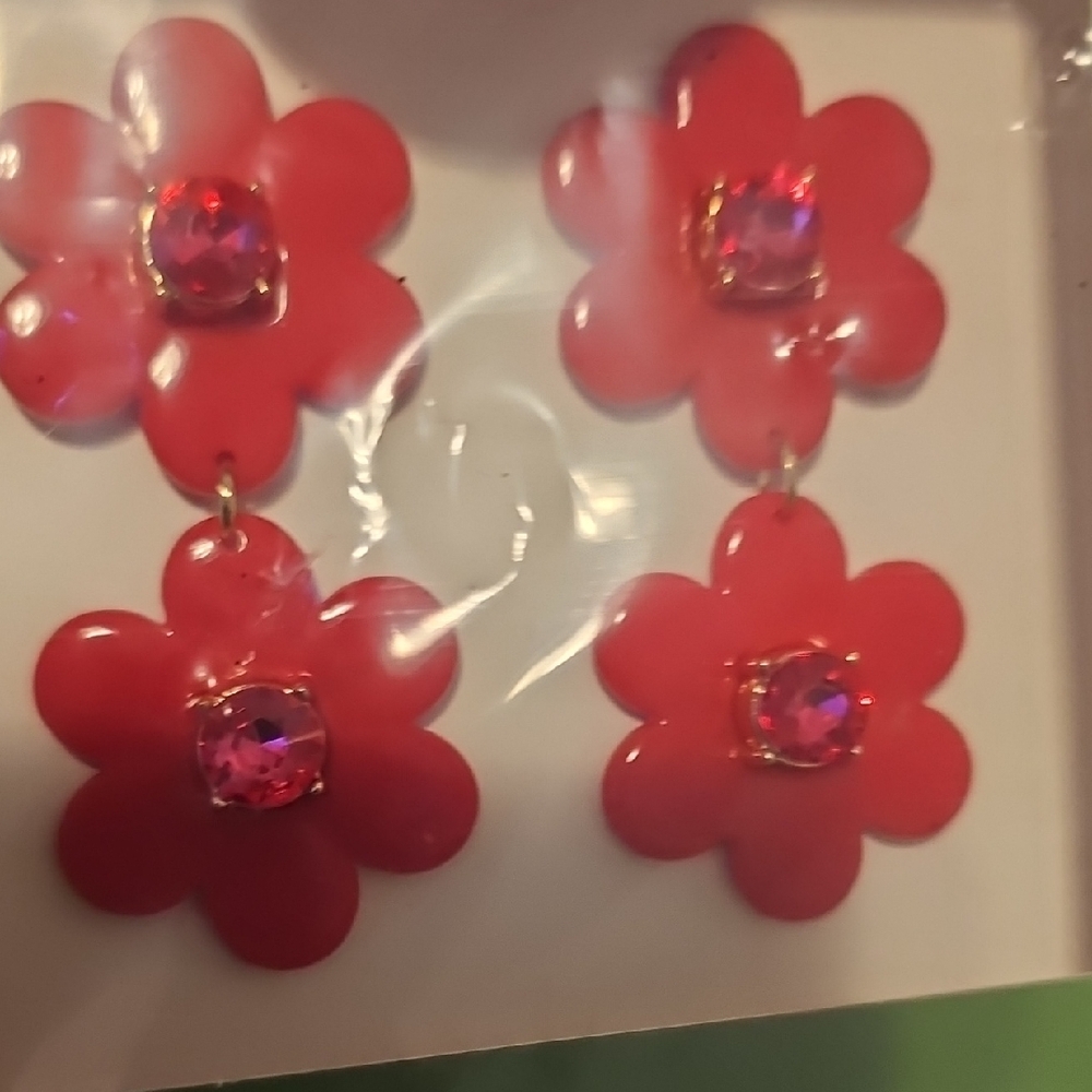 Nwt Kate Spade Red Floral Earrings with Pink Accents - Picture 3 of 3